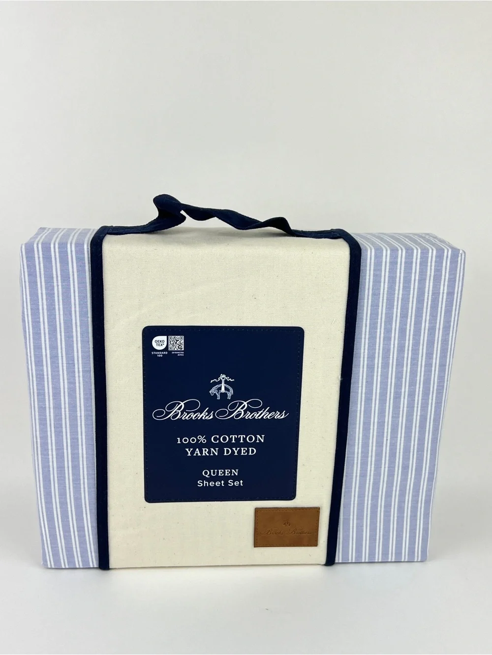 4 Pc Brooks Brothers Queen Sheet Set Blue White Striped Cotton Yarn Dyed NEW